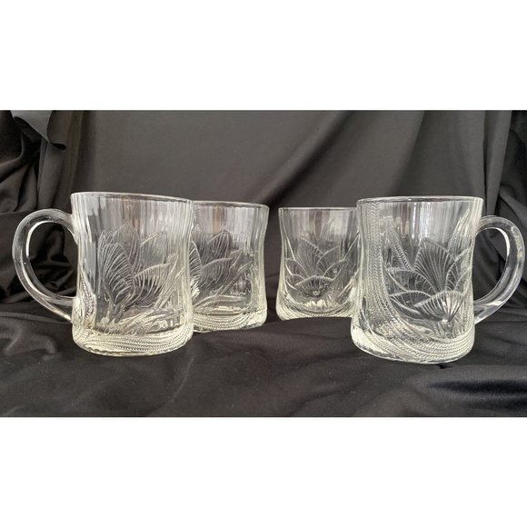 Clear Glass Mugs Cups Set Of 4 Glcoloc France Canterbury Crocus Flower Leaf - Picture 2 of 8
